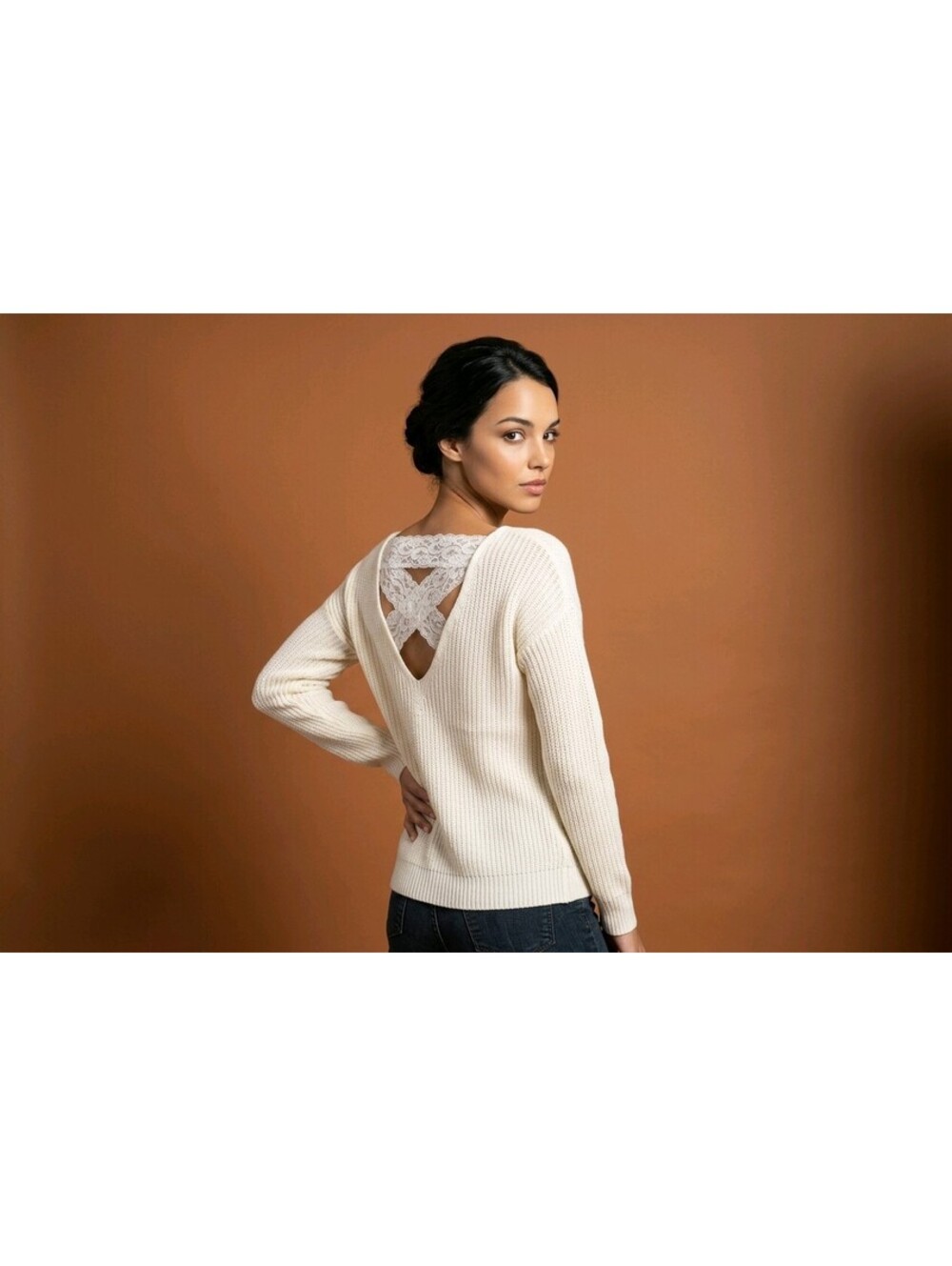 Poof Coquette Cream Knit Sweater Small NWT Lace Back V Neck Ribbed Top 5098